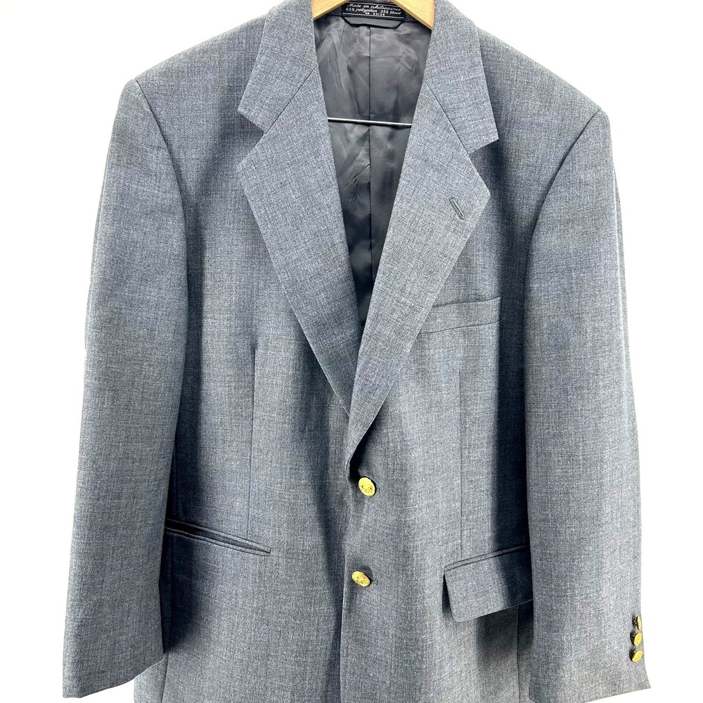 VTG Boat House Row Mens Grey Wool Blend Blazer Sport Coat Gold Crest Buttons 42R